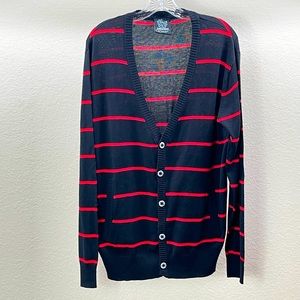 Men's Striped Cardigan Sweater Black Red Knit V Neck Shawl Top Knitted Shirt Boy
